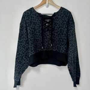 Victoria's Secret M Leopard Print Cropped Sweatshirt Lace Up Long Sleeve Top
